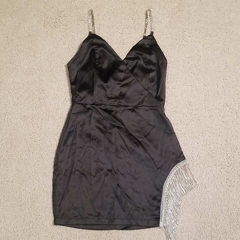 Elegant Black Satin Dress with Silver Accents